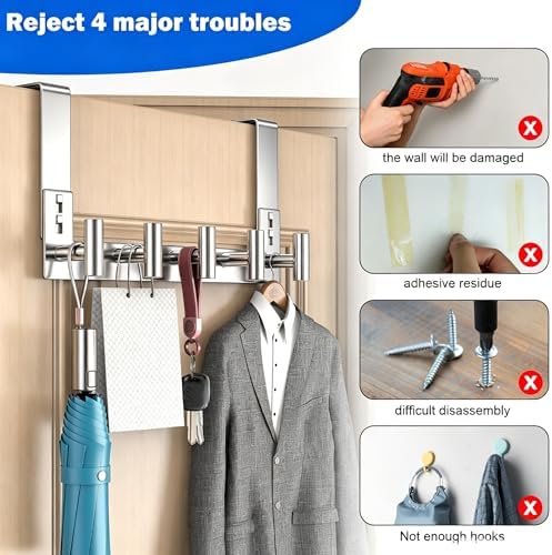 PMMASTO Door Hanger for 1-3/4 Inch Doors, Polished Silver- 5 Hooks, T Shape - Image 4