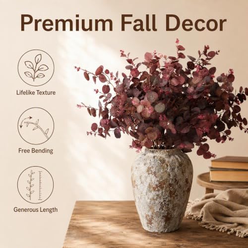 6Pcs 30in Fall Burgundy Artificial Eucalyptus Leaves Stems - Image 5