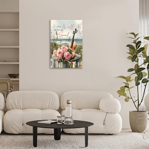 Violin Pictures Wall Art, Music Rustic Country Inspirational Bathroom Wall Decor, Coastal lighthouse Framed Painting Rose Aesthetics Canvas Artwork for Bedroom Living Room Decorations 24" L x 16" W - Image 4