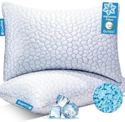 QUTOOL Cooling Pillow for Sleeping, CertiPUR-US Shredded Memory Foam Queen Pillows Set of 2, Cool Pillow for Hot Sleepers Adjustable Firm Pillow for Side, Back, Stomach Sleepers Soft Yet Support,White by QUTOOL