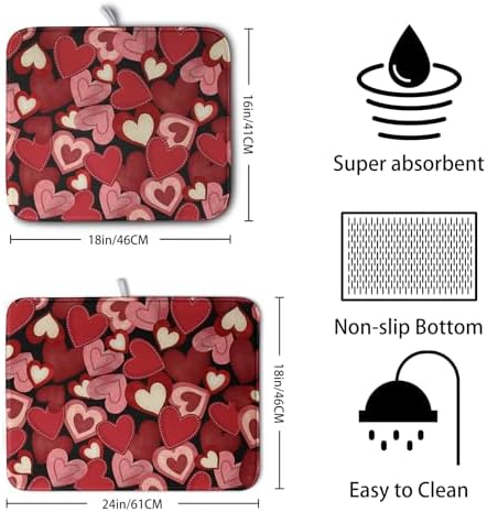 Valentine Dish Drying Mat for Kitchen Counter Red Black Love Heart Drying Pad Microfiber Absorbent Coffee Bar Mat Heat Resistant Countertop Protector Dishes Drainer Mat 18x24 Inch - Image 2