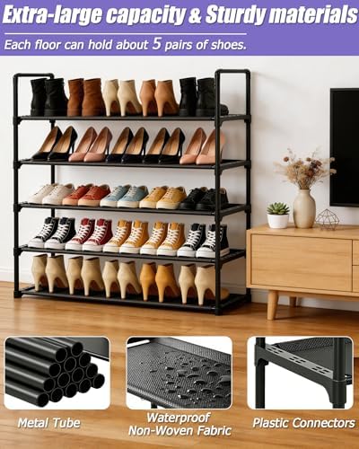 5 Tier Shoe Rack Large Capacity, 34.3" Wide Adjustable Shoe Organizer for 20-25 Pairs, Sturdy Non-Woven Shoe Rack Shelf Multi-Purpose Storage Unit for Closet, Hallway, Entryway,Garage,Black - Image 4
