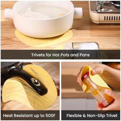 4 Pieces Oven Mitts and Pot Holders of Macaron Color Thickened Non-Slip Silicone Kitchen Gloves, Heat Resistant up to 500F, Essential for Kitchen Baking(makal-Huang) - Image 3