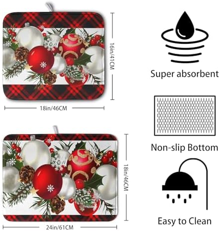 Christmas Red Buffalo Plaid Dish Drying Mat for Kitchen Counter 16x18 Inch Winter Xmas Ball Snowflake Pine Cones Dishes Drying Mat Microfibe Super Absorbent Dish Rack Pad for Coffee Bar Sinks - Image 2