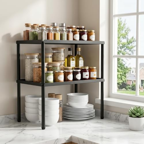 Cabinet Organizer Shelf, 2 Tier Kitchen Cabinet Organizer with Stackable Cabinet Shelves for Kitchen Countertop Storage, Metal Kitchen Shelf Organizer for Spice, Pantry & Under Sink (Black) - Image 2