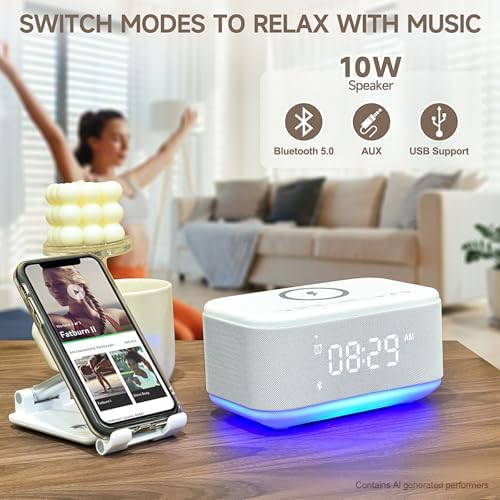 Alarm Clock Speaker Wireless Charger, Digital Alarm Clocks Bedrooms Bluetooth, Alarm Clock Dimmable Light Bedrooms Dual Alarm Snooze Dimmer 12 24H RGB Night Light Bluetooth USB AUX, White - Image 6