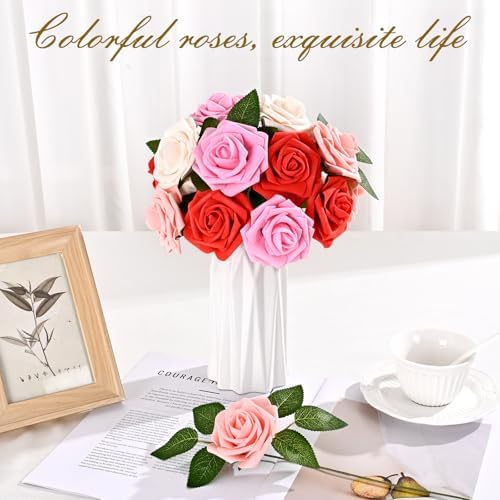 BLEUM CADE 16Pcs Artificial Flowers Fake Foam Roses with Stems for Wedding - Image 2