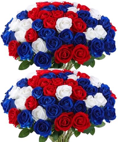 Hananona 50 Pcs Artificial Roses, Realistic Silk Flowers Bulk, RWB by HANANONA