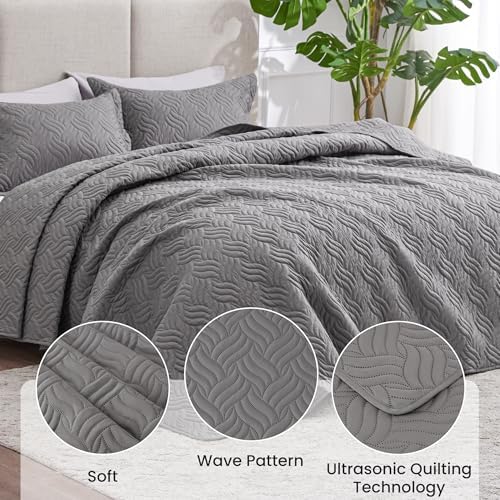 Love's cabin California King Size Quilt Bedding Set Grey Bedspread - Cal King Summer Lightweight Bedspread Comforter - Wave Pattern Coverlet for All Season - 3 Pieces (1 Quilt, 2 Pillow Shams) - Image 3