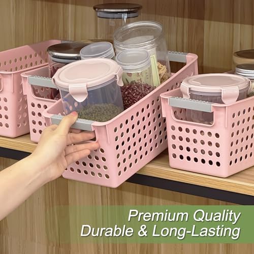Soddeph 4 Pack Slim Plastic Storage Basket with Handles, Rectangular Storage Bins for Shelves,Narrow Organizer box for Organizing, Kitchen,Home,Office(Pink, Small) - Image 5