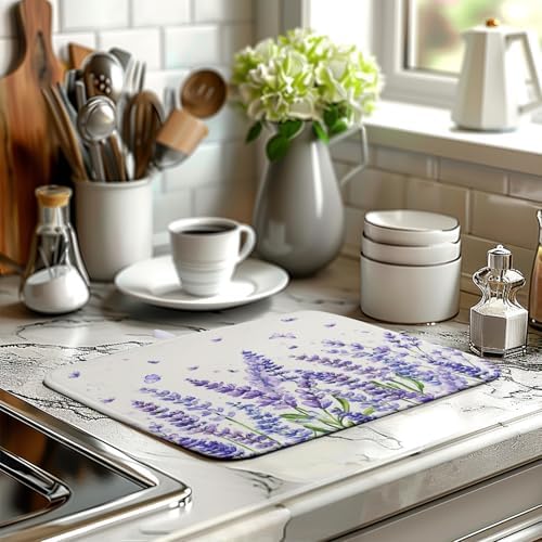 Purple Lavender Dish Drying Mat for Kitchen Counter Spring Summer Flower Floral Dishes Drainer Mats Absorbent Microfiber Dish Drying Pad Washable Dish Draining Mat Medium 16x18 Inch - Image 6