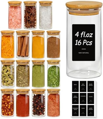 ComSaf Glass Spice Jars 4oz 16 Pack, Small Seasoning Containers with labels by ComSaf