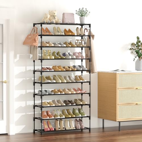 LANTEFUL 10 Tiers Shoe Rack 50 Pairs Large Capacity Tall Shoe Organizer Sturdy Shoe Storage with Two Hooks Space Saving Metal Wide Shoe Rack for Closet, Entryway, Bedroom, Black - Image 2