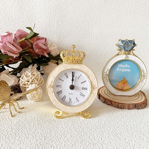 Vintage Mini Analog Table Clock, Silent Crown Table Clock with Hand-Painted Metal Body and Battery Operated Non-Ticking Core for Shelf, Living Room, Bedroom, Bedside, Desk - Image 4