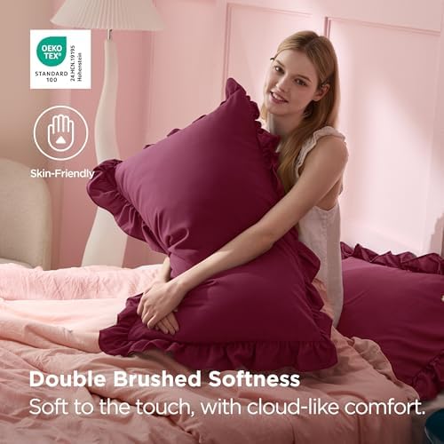 Bedsure Ruffle King Size Pillow Cases Set of 2, Red Pillow Shams - Image 2