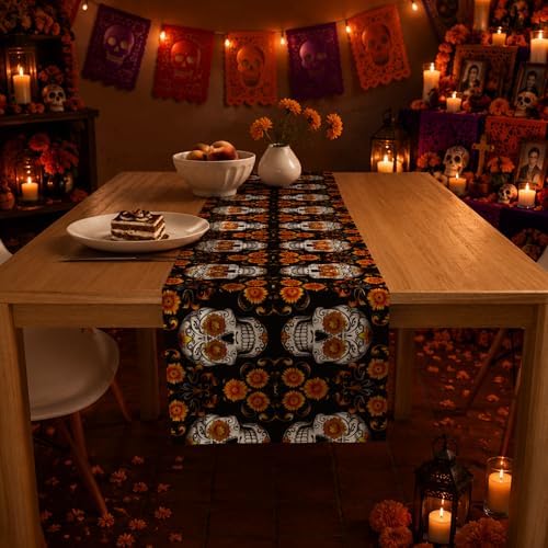 Dia De Los Muertos Decorations - Mexican Sugar Skull Table Runner - Image 2