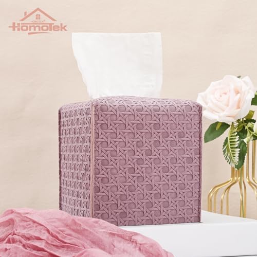 HOMOTEK 2 Pack Tissue Box Cover, Square PU Leather Tissue Holder, Decorative Facial Tissue Cube Paper Organizer Dispenser for Bathroom, Night Stands, Desk, Car 5X5X5'' - Rattan Weave,Plum Red - Image 4