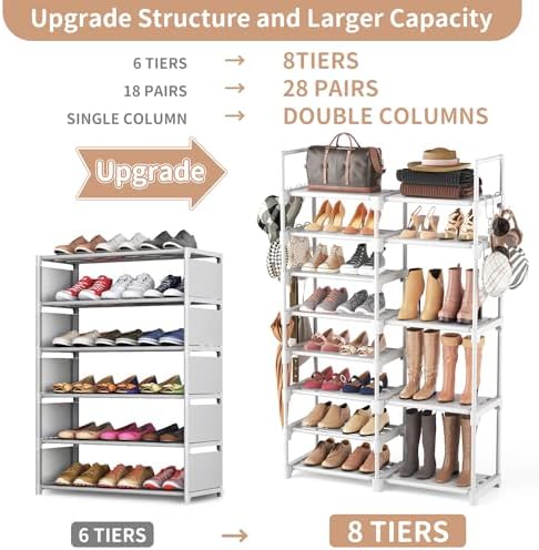 ROJASOP White Shoe Rack, Tall Metal Shoe Rack Organizer for Entryway Closet Garage, 8 Tier Large Shoe Shelf for 26-32 Pairs Boots & Shoes Storage, Space Saving Heavy Duty Shoe Stand - Image 4