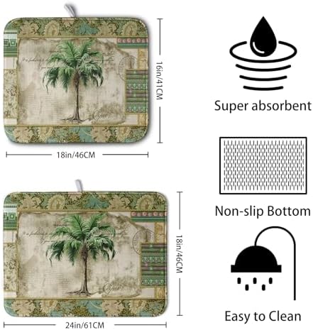 Palm Tree Kitchen Dish Drying Mat for Dishes 18x24 Inch Summer Vintage Tropical Leaves Green Jungle Plant Drying Mat Botanical Dish Drainer Mat Super Absorbent Dish Rack Pad for Coffee Bar Sinks - Image 2