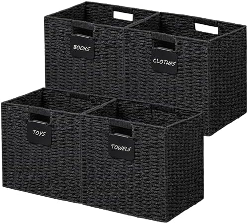UBBCARE 4 Pack Wicker Basket, 13×13 Storage Cubes with Label, Foldable Cube Storage Bin with Handle, Square Storage Basket for Shelves, Woven Paper Rope Basket for Organizing, Black by UBBCARE