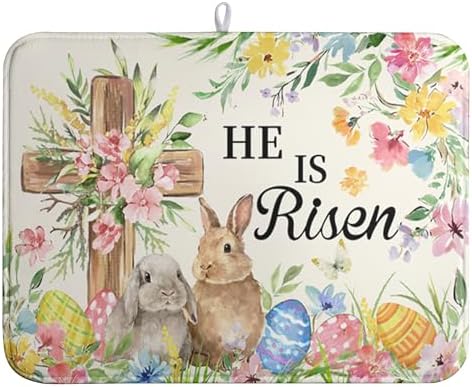 Easter He Is Risen Bunny Dish Drying Mat for Kitchen Counter Spring Easter Cross Floral Eggs Drying Pad 18x24 In Microfiber Absorbent Holiday Dishes Drainer for Kitchen Counter Tableware by Wnoesat