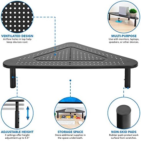 Corner Monitor Stand | Adjustable Height Corner Desk Shelf | Triangle Screen Riser, Ergonomic Space Saving Design, Ventilated. (Metal, Black) - Image 6