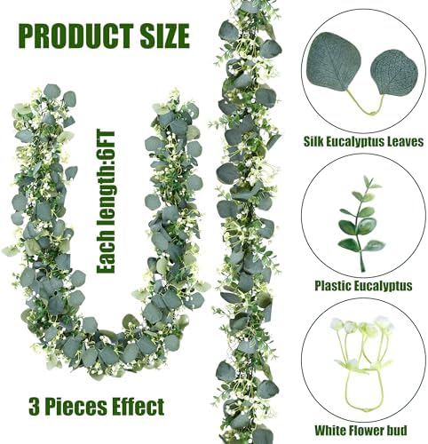 Sggvecsy 6 Pack Artificial Eucalyptus Garland Eucalyptus Leaves Vines Greenery Garland Faux Silver Dollar Eucalyptus Leaves for Table Party Wedding Indoor Outdoor Home Mantle Wall Decor - Image 5