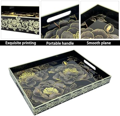 Serving Tray with Handles, 15.7 * 11.8 inches, Plastic Ottoman Tray with Exquisite Paintings, Trays for Coffee Table - Image 3