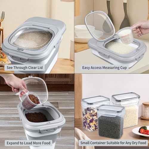 Komzon Rice Storage Container, Collapsible Airtight Food Storage Containers 6-20 Lbs, Rice Dispenser with Measuring Cup and Small Bin for Flour Cereal Pasta Grain, Cat Pet Dog Bird Food Container - Image 3