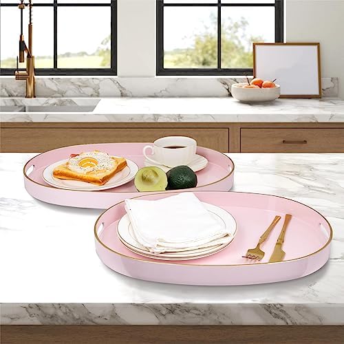 MAONAME Pink Decorative Tray Set of 2, Oval Serving Tray with Handles - Image 3