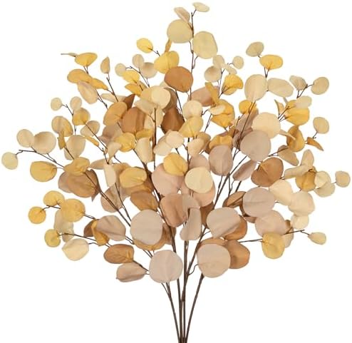 DILATATA Artificial Yellow Eucalyptus Stems – 34” Silk Silver Dollar Leaves, Set of 5 – Faux Eucalyptus Branches for DIY Bouquets, Floral Arrangements, Centerpieces, Wedding & Home Décor by DILATATA