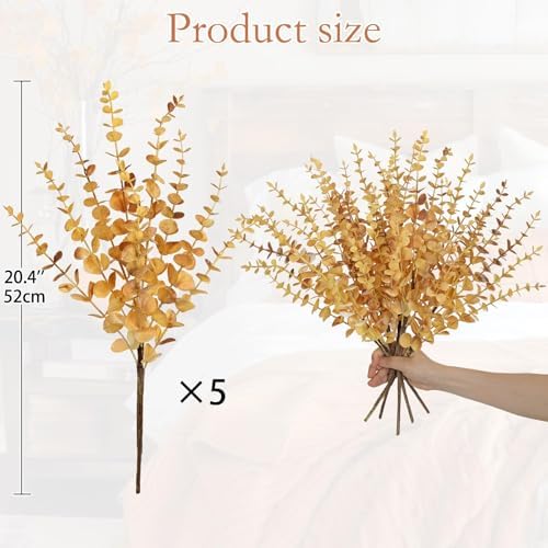 GnFlus 5 Pcs Artificial Eucalyptus Stems Fall Eucalyptus Leaves Autumn Leaf Branches Fall Decorations with Foam Fall Leaves for Home Floral Arrangement Autumn Festival Thanksgiving Decor Yellow - Image 3