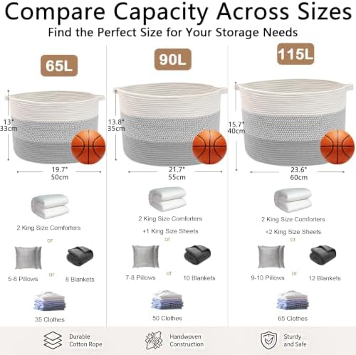 90L Extra Large Blanket Basket,Woven Rope Laundry Basket-Grey - Image 2