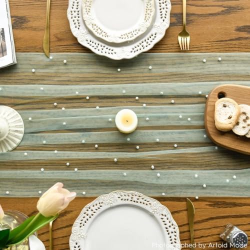 Artoid Mode Pearl Sage Green Gauze Table Runner 10FT Home Decor - Image 5