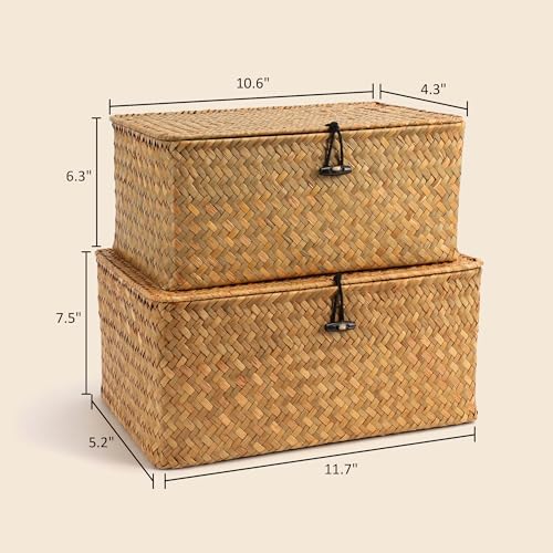 Nonam Wicker Storage Basket with Lid,Seagrass Shelf Basket Set of 2,Natural - Image 2