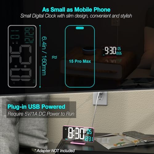 Pink Digital Clock for Bedroom 6.7in Dual Alarm Clock with Dimming, 12/24h, Seconds, Date, Day of Week, Temp, Desk Clock, LED Clock for Table Decor, Digital Calendar Table Clocks for Bedrooms KOSUMOSU - Image 2