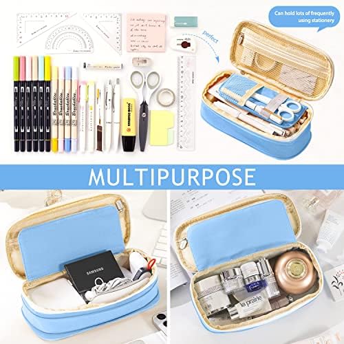 KPX Big Capacity Pencil Pen Case Bag with Zipper Office College School Storage Large Capacity Bag Pouch Holder Box Organizer Colorful (Light Blue) - Image 4
