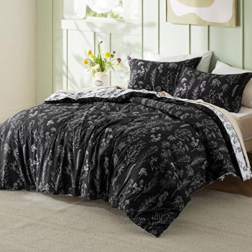 Bedsure Floral Comforter Set Cute Bedding Set King Reversible Black - Image 2