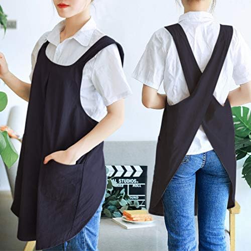 NEWGEM Japanese Cotton Linen Cross Back Cooking Apron for Women Men with Pockets Cute for Baking Kitchen - Image 3