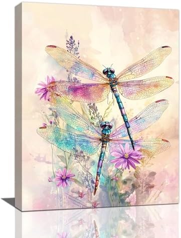 Dragonfly Bathroom Pictures Wall Art, Floral Bathroom Wall Decor, Framed Painting Canvas Artwork for Bedroom Living Room Decorations 20" L x 16" W by Taimeng