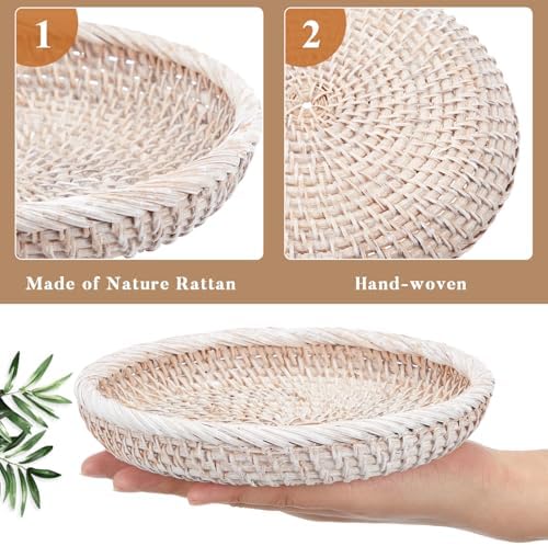 Hushee 3 Pcs Small Wicker Key Basket Entryway Table, White, Round - Image 5