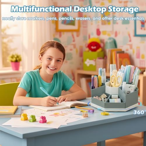 360 Degree Rotating Desk Organizer Caddy with 9 Compartments, Large Capacity Detachable Pencil Holder for Desk, Desktop Storage for Office, School, Home, Dressing Table (Sage Green with White Base) - Image 2