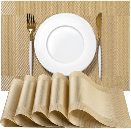 Placemats Set of 6 - Easy Clean Woven Vinyl Placemats for Dining Table, Indoor/Outdoor Place Mats, Washable PVC Table Mats（Gold Cube） by Unknown