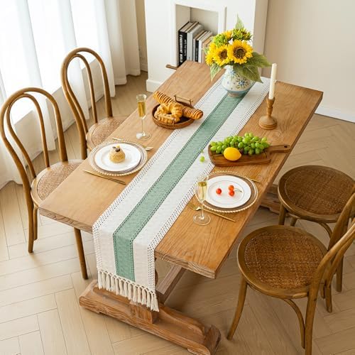 FEXIA Boho Table Runner for Home Decor 12x60 Sage Green Fall Decorations - Image 6