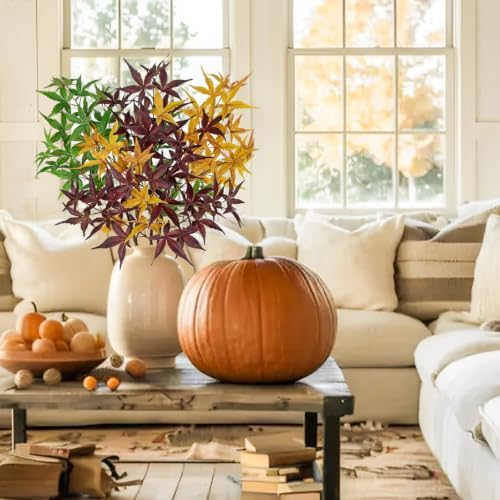 Hollyone 3Pcs Artificial Japanese Maple Leaves Branches 31.5'' Fake Fall Leaves Stems Plants Faux Maple Leaf Bushes Shrubs for Home Decor Thanksgiving Festival Party Autumn Decorations Mixed Color - Image 6