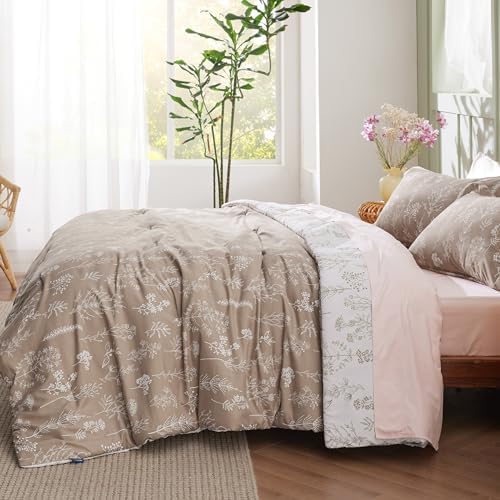 Bedsure Floral Comforter Set Cute Bedding Set Twin/Twin XL Reversible Light Taupe - Image 4