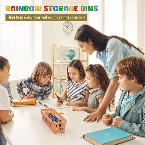 4E's Novelty 12 Pack Pencil Holder for Kids Desk, Boho Plastic Pen Baskets Tray for Organizing Classroom, Caddy Bins for Students Desk Elementary Teacher Classroom Organization and Storage Supplies - Image 2