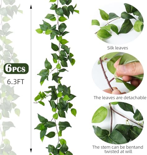 RECUTMS 6Pc Fake Vines Artificial Ivy Garland Silk Pothos Leaf Plants 6.3Ft - Image 4