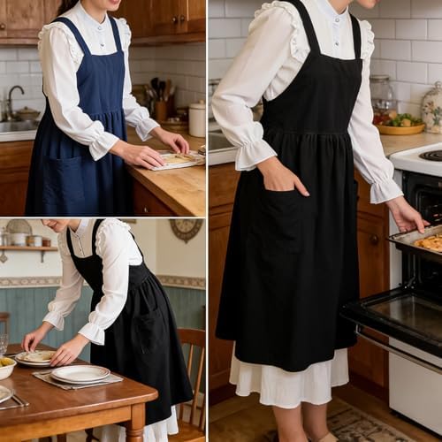 Cotton Linen Apron Cross Back Apron for Women with Pockets Pinafore Dress - Image 5