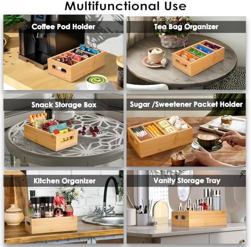 BSTKEY Seasoning Packet Organizer, Food Storage Organizer with 4 Removable Dividers, Bamboo Storage Caddy for Pantry Kitchen Cabinet, Kitchen Organization Bin with Handle for Snacks Spice Packets - Image 4